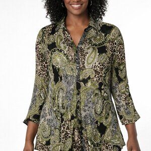 Sunny Leigh 1X Accordion Pleated Blouse Green Paisley Leopard Print Boho Y2K